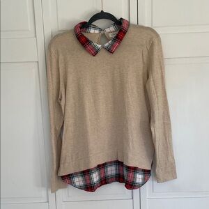 J. Crew Beige Sweater with Red Plaid Collar and Detail Size L 100% Cotton